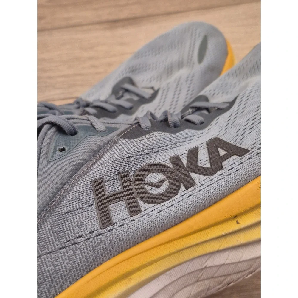 Hoka One One Bondi 8 Wide Mens Running Shoes Grey Yellow Low Top Sneakers‎ 12 EE